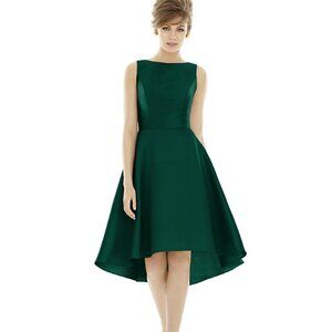 ALFRED SUNG Bateau Neck Satin High Low Cocktail Dress In Hunter Green